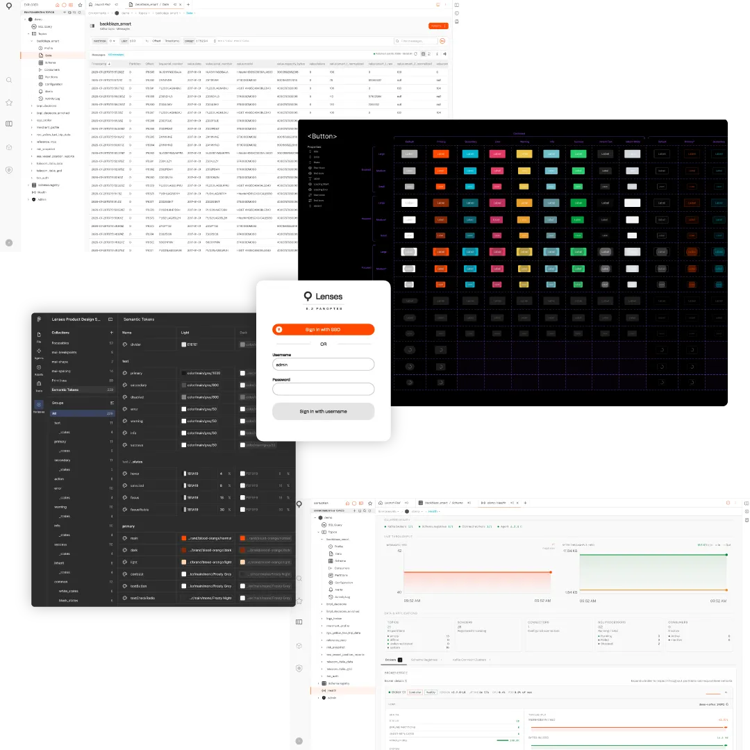 Product interface screenshots — data tables, sign-in screen, and a color token palette, examples of AI-ready design systems for a product platform