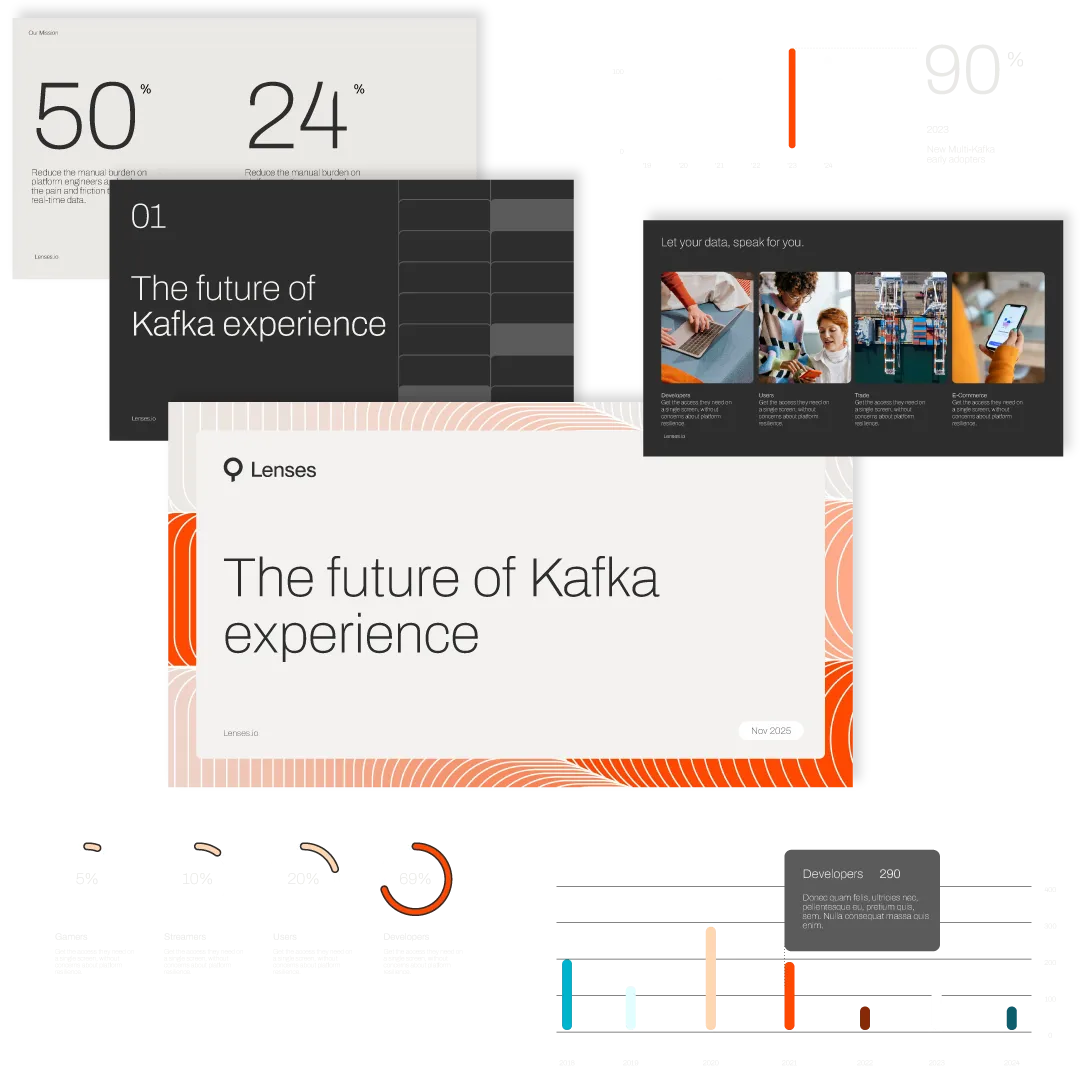 Presentation deck examples — title slides, data slides, and stat callouts, showing AI-ready presentation templates in light and dark mode