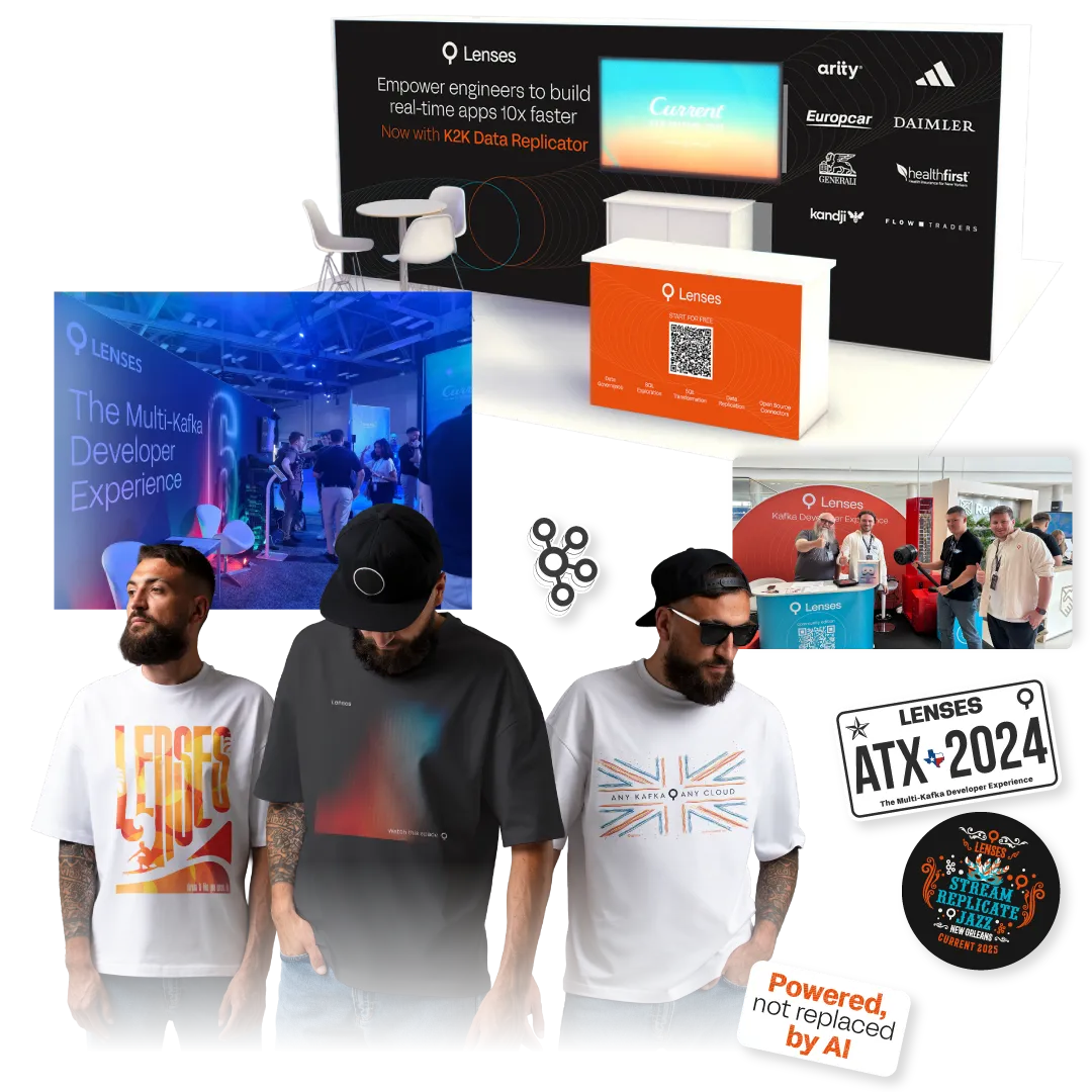 Event booth design, branded merchandise, and on-site photos from a technology conference, examples of event branding